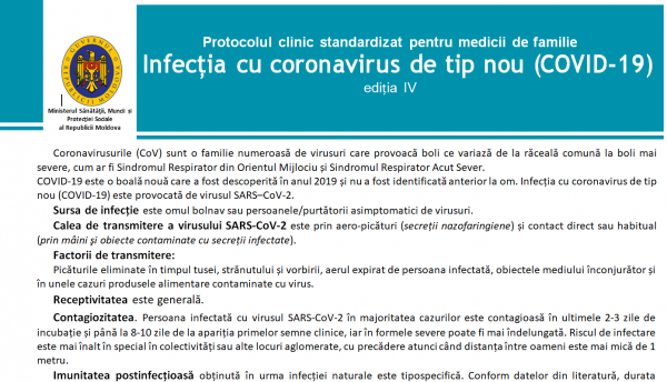 Noi modificări la Protocolul Clinic Național provizoriu și Protocolul clinic standardizat pentru medicii de familie „Infecția cu coronavirus de tip nou (COVID-19)”