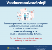 MSMPS îndeamnă persoanele eligibile pentru vaccinare să se imunizeze împotriva COVID-19. Centrele de vaccinare vor activa și în zilele de odihnă