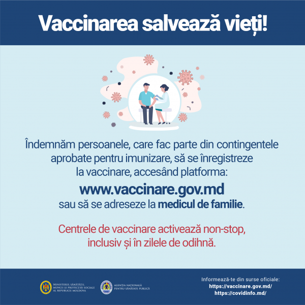 MSMPS îndeamnă persoanele eligibile pentru vaccinare să se imunizeze împotriva COVID-19. Centrele de vaccinare vor activa și în zilele de odihnă
